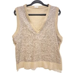 Vintage Wool V-neck Sweater Vest Womens L Boho Minimalist Knit Beige Brown